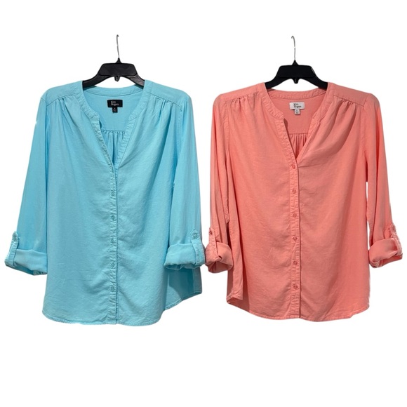 Kim Rogers Roll Tab Linen Henley Shirt Blue & Pink Button Front Women’s Large - Picture 1 of 8